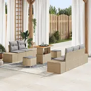 vidaXL 8 daļu dārza dīvānu komplekts ar spilveniem Beige Rattan, divvietīgs dīvāns vietu glabāšanai un 3 ēdamistabas Rattan  3364677 8721288447968