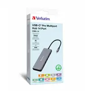 Verbatim Usb-C Pro Multiport-Hub Cmh-14, 14 Port Gray, 2X Hdmi, Vga, Rj-45, 5X Usb-A, Audio, Usb-C, Pd, Sd, microSD  32154 0023942321545