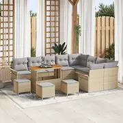 vidaXL 13 daļu dārza dīvānu komplekts ar spilveniem Beige poli rattan akācija, 4 ēdamistabas divvietīgs dīvāns  3362182 8721288423016
