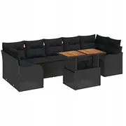 vidaXL 8 daļu dīvānu komplekts ar spilveniem Black rattan Acacia, divvietīgs dārza dīvāns  3349428 8721158995421