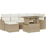 vidaXL 7 elementu dārza dīvānu komplekts ar spilveniem Beige Rattan poliesters, divvietīgs dīvāns uzglabāšanas vietu un poliesters  3357234 8721288374370