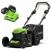 Bezvada zāles pļāvējs Greenworks 2X24V ar piedziņu 46Cm G24X2Lm46Spk4X komplekts lādētājs dual  2 akumulatori 4Ah Gr2512807Ud 6952909062457