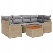 vidaXL 7 daļu dārza dīvānu komplekts ar spilveniem Beige poliratāns akācija, divvietīgs dīvāns uzglabāšanas nodalījumu un  3356075 8721288363466