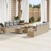 vidaXL Dārza dīvānu komplekts 11 daļās ar spilveniem, beige poliratans akācija, Divvietīgs dārza dīvāns poliratans, Ēdamistabas 3 akācija  3362762 8721288428813