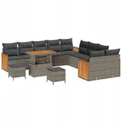 Komplekts 13 daļu dārza dīvānam ar spilveniem Grey polirattan akācija, divvietīgs dīvāns polirattan, 3 ēdamistabas komplekts akācija  3363368 8721288434876