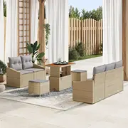 vidaXL 8 daļu dārza dīvānu komplekts ar spilveniem beige polirattans akācija, divvietīgs dīvāns polirattans, 3 galda akācija  3362597 8721288427168