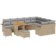 vidaXL 12 daļu dārza dīvānu komplekts ar spilveniem Beige Poli rattan Akācija, 3 ēdamistabas divvietīgs dīvāns  3362172 8721288422910