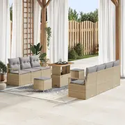 vidaXL 10 daļu dārza dīvānu komplekts ar spilveniem Beige Polirattan Akācija, divvietīgs dīvāns Polirattan, 3 ēdamistabas Akācija  3362492 8721288426116