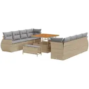 vidaXL 11 daļu dārza mēbeļu komplekts ar spilveniem Beige Polirattan Akācija, 3 āra ēdamistabas Akācija  3361857 8721288419767