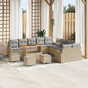 vidaXL Dārza mēbeļu komplekts ar spilveniem 13 gabali Beige Polirattan Akācija, Dīvāns dārza mēbelēm divvietīgs Polirattan, Ēdamistabas dārzam 3 Akācija  3362447 8721288425669
