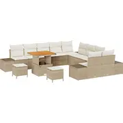 vidaXL 13 daļu dārza dīvānu komplekts ar spilveniem Beige Polirattan Akācija, divvietīgs dīvāns Polirattan, 3 ēdamistabas mēbeļu Akācija  3362841 8721288429605