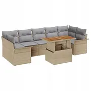8 daļu dārza dīvānu komplekts vidaXL ar spilveniem beige poliratans, divvietīgs dīvāns vietu uzglabāšanai un poliratans  3358037 8721288382405