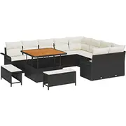 vidaXL 12 daļu dārza dīvānu komplekts ar spilveniem Black poliratans akācijas, 3 āra ēdamistabas divvietīgs dīvāns  3362165 8721288422842