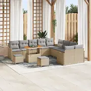 vidaXL Dārza dīvānu komplekts 13 daļas ar spilveniem Beige Polirattan Akācija, divvietīgs dīvāns Polirattan, ēdamistabas 3 Akācija  3362327 8721288424464