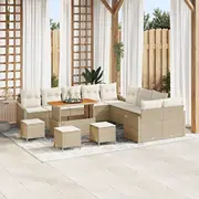 14 daļu dārza dīvānu komplekts ar spilveniem Beige Polirattan Akācija, divvietīgs dīvāns vietu glabāšanai un Polirattan, 4 Akācija  3364671 8721288447906