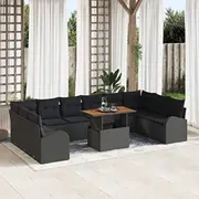 11 daļu dārza dīvānu komplekts vidaXL ar spilveniem Black Poli rattan, divvietīgs dīvāns vietu glabāšanai un rattan  3358375 8721288385789