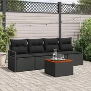 vidaXL Dārza dīvānu komplekts 5 daļas ar spilveniem Black rattan akācijas, 2 vietu dārza  3347639 8721158977533
