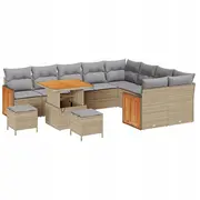 vidaXL Dārza dīvānu komplekts 12 daļas ar spilveniem Beige poliratans akācija, ēdamistabas 3 Divvietīgs dārza dīvāns  3363342 8721288434616