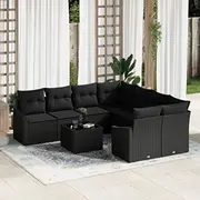 vidaXL Dārza dīvānu komplekts 9 daļas Black rattan, poliestera spilveni  3355332 8721288356031