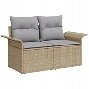 vidaXL 5 daļu dārza dīvānu komplekts ar spilveniem Beige poliratans akācija, 2 vietu dīvāns kastīti un  3355928 8721288361998