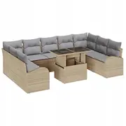 vidaXL 10 daļu dārza dīvānu komplekts ar spilveniem Beige poliratāns, divvietīgs dīvāns uzglabāšanu un poliratāns  3357443 8721288376466