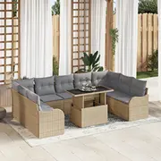 10 daļu dārza dīvānu komplekts vidaXL ar spilveniem Beige poliratāns, divvietīgs dīvāns poliratāns  3348526 8721158986405
