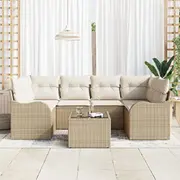 vidaXL 7 daļu dārza dīvānu komplekts ar spilveniem Beige poliratans, divvietīgs dīvāns vietu uzglabāšanai un poliratans  3354270 8721288345417